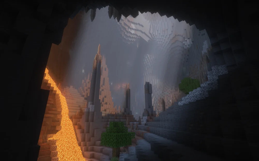 Hang Minecraft sâu với cột đá, thác nước và dung nham