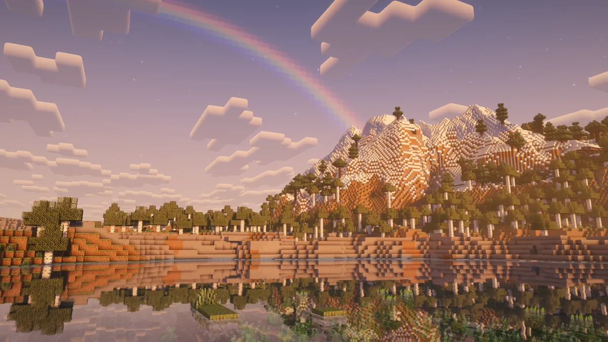 Hồ Minecraft dưới dãy núi và cầu vồng