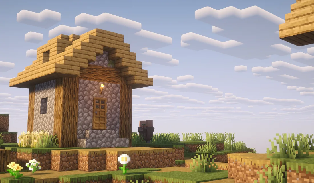 Nhà gỗ và đường làng Minecraft trong nắng